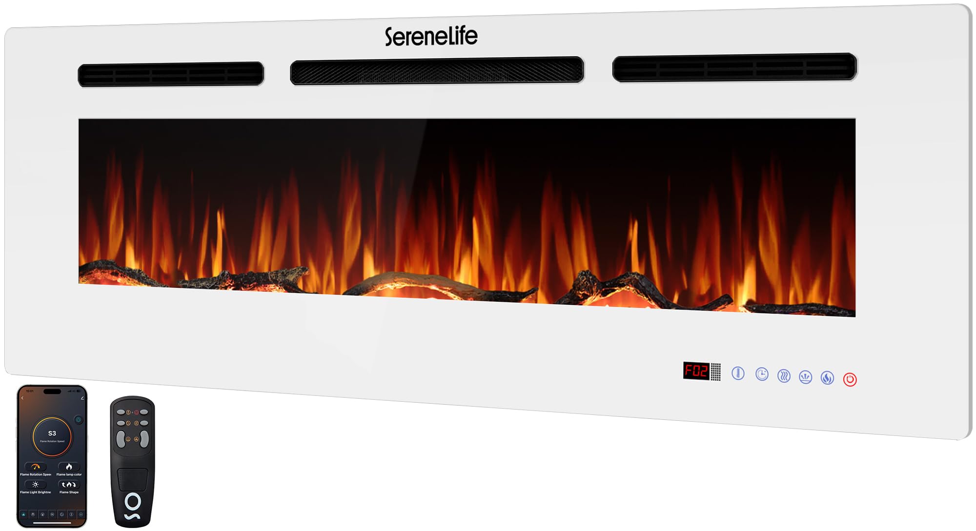 Version 1.0.0 Chimenea Eléctrica SereneLife 50 Pulgadas Wi-Fi LED 13 Colores Llama 750/1500W Marco Blanco