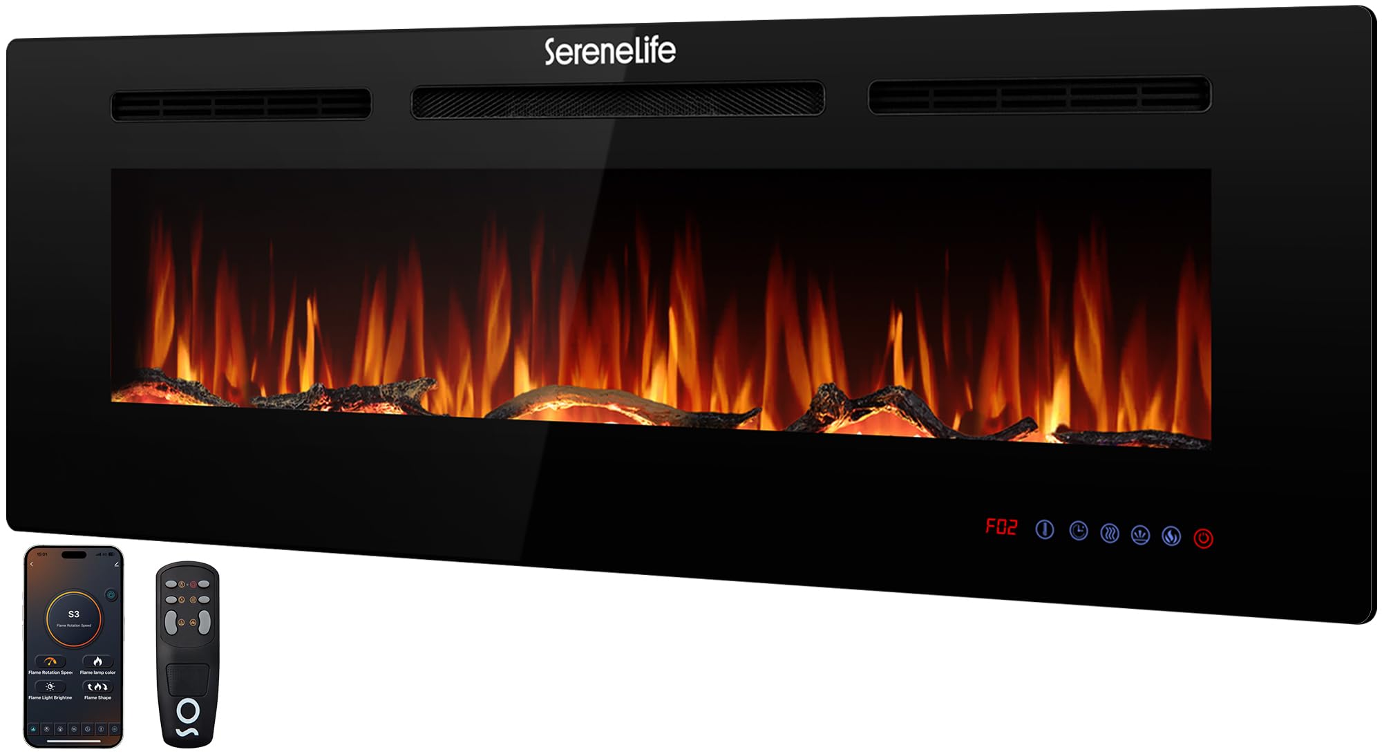 Version 1.0.0 Chimenea eléctrica SereneLife con llama LED Wi-Fi, termostato, 13 colores, 750/1500 W, empotrable o de pared