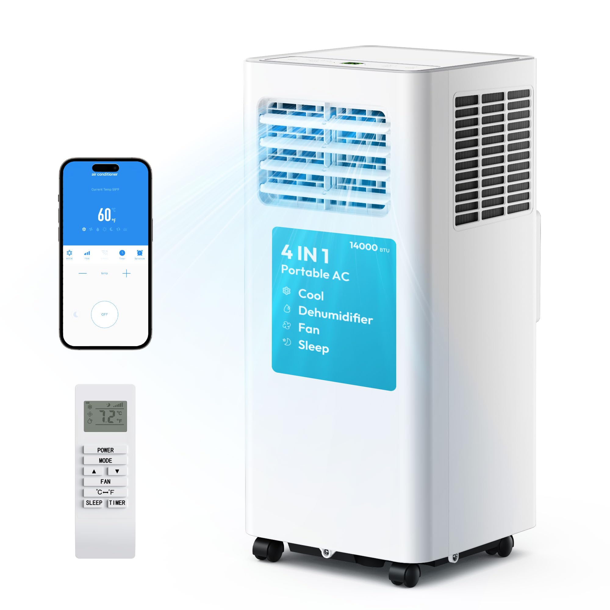 Version 1.0.0 Aire acondicionado portátil EUHOMY PAC015-14K 14000 BTU 4 en 1 frío ventilador deshumidificador modo sueño enfría hasta
