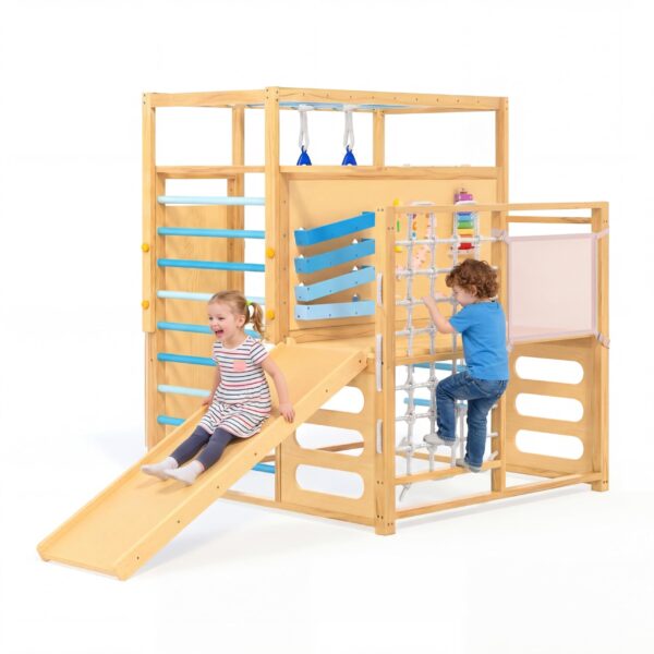 Montessori - Juego de gimnasio para interiores y exteriores, 9 en 1 para niños pequeños con tobogán, barras de mono, ani