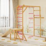 PeakPursuit Gimnasio de la selva interior 8 en 1 para niños de 3 a 10 años – Estructura de escalada de madera con tobogá