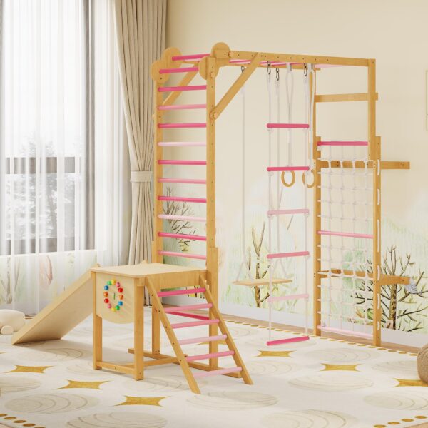 PeakPursuit Gimnasio de la selva interior 8 en 1 para niños de 3 a 10 años – Estructura de escalada de madera con tobogá