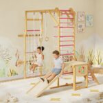 PeakPursuit Gimnasio de la selva interior 8 en 1 para niños de 3 a 10 años – Estructura de escalada de madera con tobogá