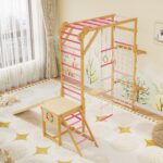 PeakPursuit Gimnasio de la selva interior 8 en 1 para niños de 3 a 10 años – Estructura de escalada de madera con tobogá