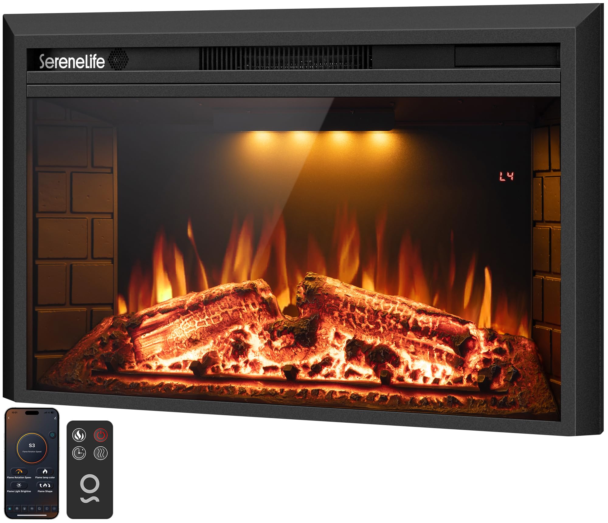 Version 1.0.0 Chimenea eléctrica SereneLife SLFPE36WBK.5, 36 x 21", Wi-Fi, control remoto, termostato 700/1500 W, empotrable o pared