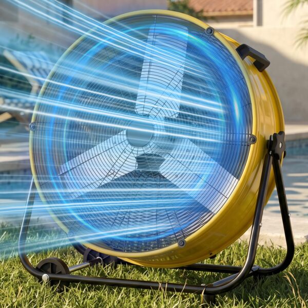 Ventilador de piso industrial Uthfy FT-36Y-1 36 pulgadas 21800 CFM motor 600W inclinación 360° con ruedas 3 velocidades