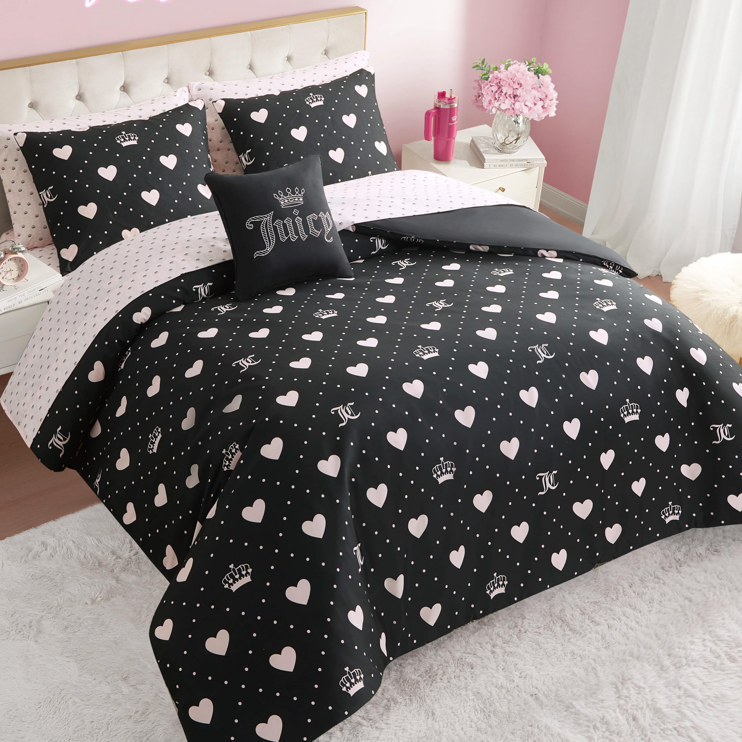 Version 1.0.0 Edredon ropa de cama Juicy Couture YMF Carpets Inc JYAO003002 negro corazones diamantes king 8 piezas