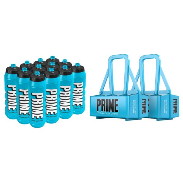 Botellas de Agua Deportivas Exprimibles Prime Hydration Paquete de 12 Piezas de 32 Onzas con 2 Portabotellas para Equipo