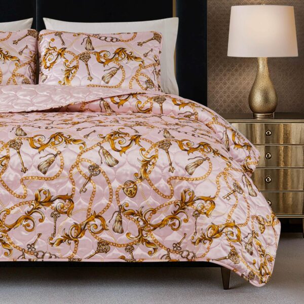 Juego de edredon 3 piezas Baby Phat BPAQ000104 cadena de satin impreso color rosa claro tamaño matrimonial queen