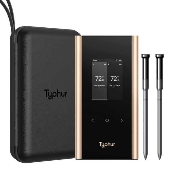 Termómetro inalámbrico para carne Typhur Sync Gold WT05 dual WiFi con 2 sondas delgadas y base inteligente con estuche d