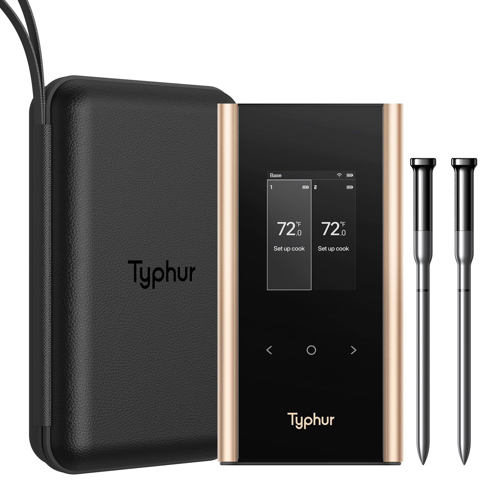 Version 1.0.0 Termómetro inalámbrico para carne Typhur Sync Gold WT05 dual WiFi con 2 sondas delgadas y base inteligente con estuche d
