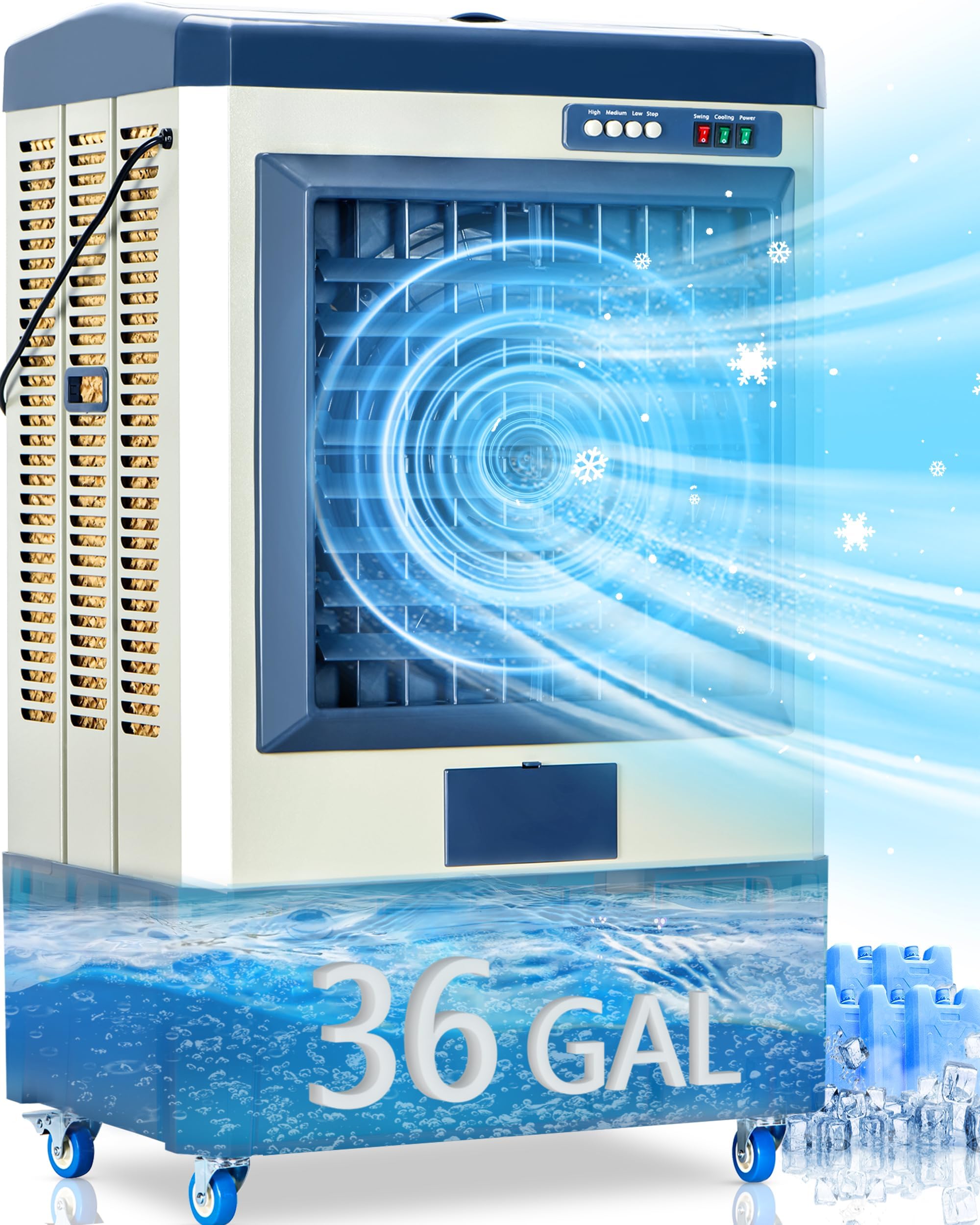 Version 1.0.0 Enfriador de aire evaporativo Uthfy HY-60AI-0225 8979 CFM 58 pulgadas tanque 36 galones 5 cajas de hielo oscilacion 120