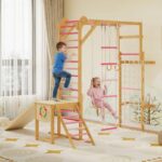 GarveeHome Juego de gimnasio 8 en 1 para interiores con tobogán, columpio, barra de mono y red de escalada, marco de esc