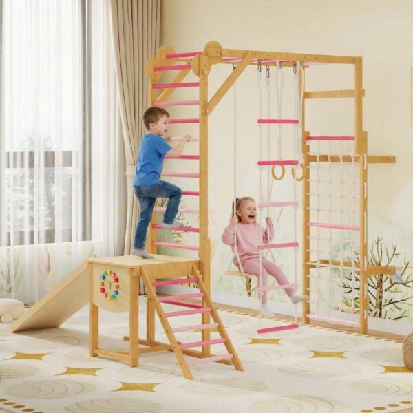 GarveeHome Juego de gimnasio 8 en 1 para interiores con tobogán, columpio, barra de mono y red de escalada, marco de esc