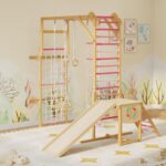GarveeHome Juego de gimnasio 8 en 1 para interiores con tobogán, columpio, barra de mono y red de escalada, marco de esc