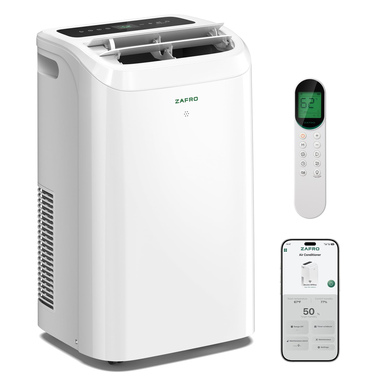 Version 1.0.0 Aire acondicionado portátil ZAFRO A9046D-8K 12050 BTU 8050 BTU SACC sin drenaje 500 pies cuadrados ultra silencioso 44 d