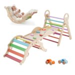VEVOR Pikler - Juego de triángulos 9 en 1, juguetes de escalada para niños pequeños, con 2 autos de madera, cojín, trián