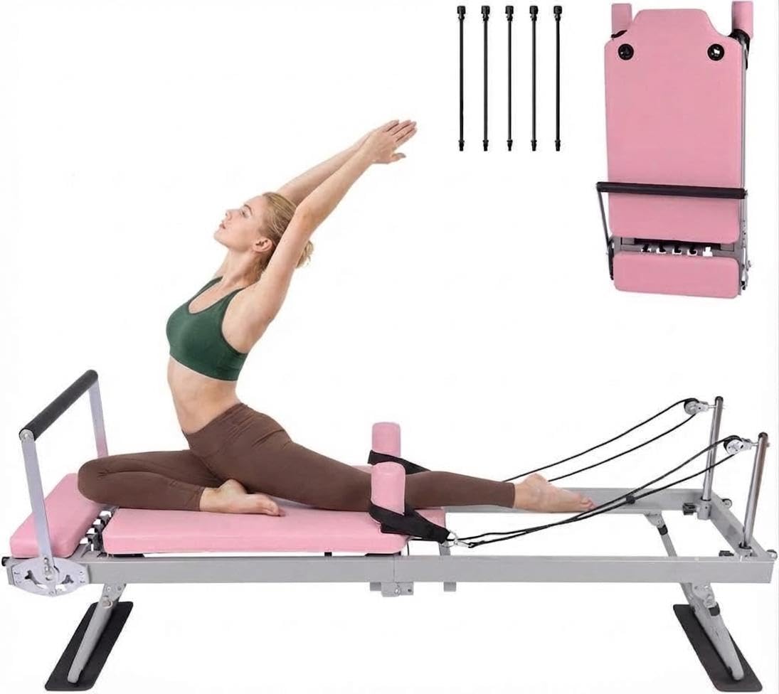 Version 1.0.0 Pink Pilates Reformer | Máquina reformadora de pilates plegable para el hogar con resistencia | Cama de pilates para tod