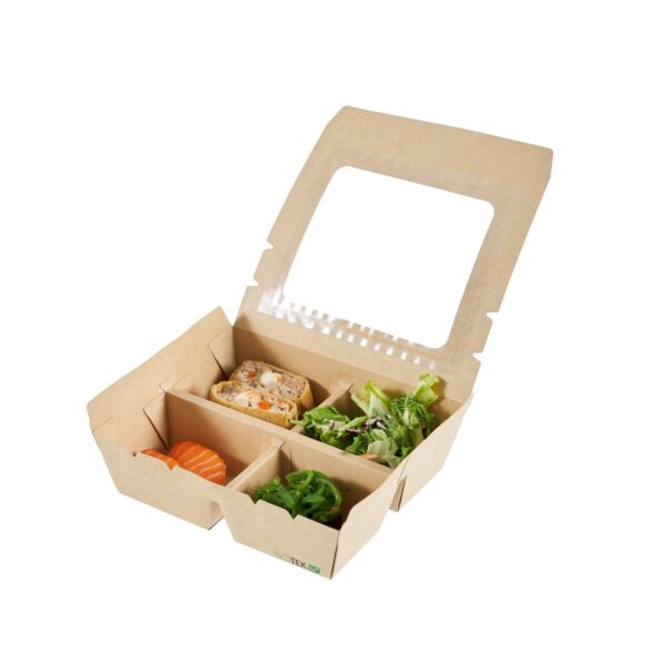 Caja de comida para llevar Restaurantware RWA1973K-MC papel kraft 28 oz 4 compartimentos con ventana desechable resisten