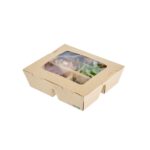 Caja de comida para llevar Restaurantware RWA1973K-MC papel kraft 28 oz 4 compartimentos con ventana desechable resisten