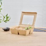 Caja de comida para llevar Restaurantware RWA1973K-MC papel kraft 28 oz 4 compartimentos con ventana desechable resisten