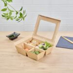 Caja de comida para llevar Restaurantware RWA1973K-MC papel kraft 28 oz 4 compartimentos con ventana desechable resisten