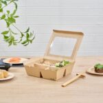Caja de comida para llevar Restaurantware RWA1973K-MC papel kraft 28 oz 4 compartimentos con ventana desechable resisten