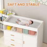 Cómoda de guardería con cambiador de bebé, mesas cambiadoras de pañales con 3 cajones y estantes, cómoda de madera para