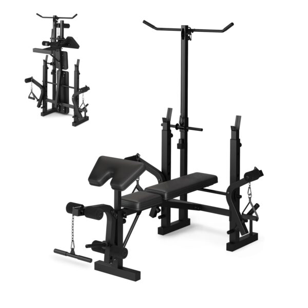 Weight Bench Set for Home Gym, 7-in-1 Multifunctional Foldable Bench Press with Squat Rack, Leg Extension & Curl, LAT Pu
