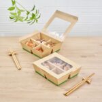 Caja para llevar Restaurantware RWA1972K-MC papel kraft 4 compartimentos 28 oz ventana 200 piezas comida