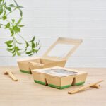 Caja para llevar Restaurantware RWA1972K-MC papel kraft 4 compartimentos 28 oz ventana 200 piezas comida