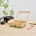 Caja para llevar Restaurantware RWA1972K-MC papel kraft 4 compartimentos 28 oz ventana 200 piezas comida