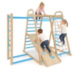 ActiveTrail Indoor Jungle Gym,7 in 1 Wooden Climber Playset for Kids,Weight Capacity 480 LBS, Blue