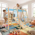 ActiveTrail Indoor Jungle Gym,7 in 1 Wooden Climber Playset for Kids,Weight Capacity 480 LBS, Blue