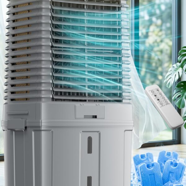 Enfriador evaporativo exterior Uthfy JH-395Y-2 4000 CFM 13.5 galones tanque desmontable temporizador 12 horas oscilación