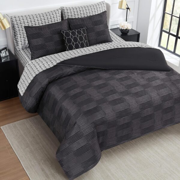 Juego de cama completo Nine West Oslo Stripe Black YMF Carpets NWAO001602 King 8 piezas edredon sabanas fundas negro ray