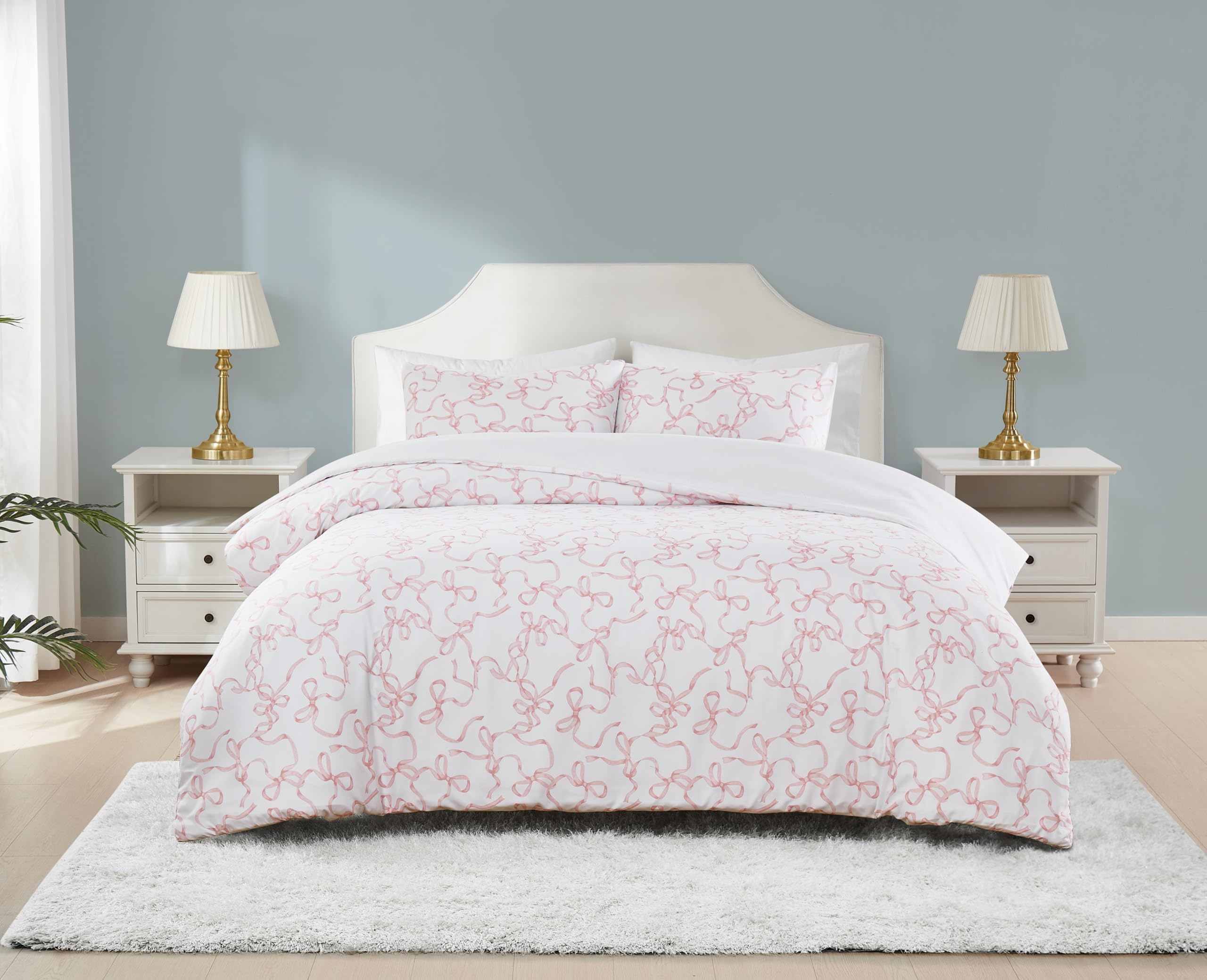 Version 1.0.0 Juego de edredon estampado lazos Truly Soft Pem America CS6624PKFQ-1500 tamano Full Queen blanco rosa 3 piezas