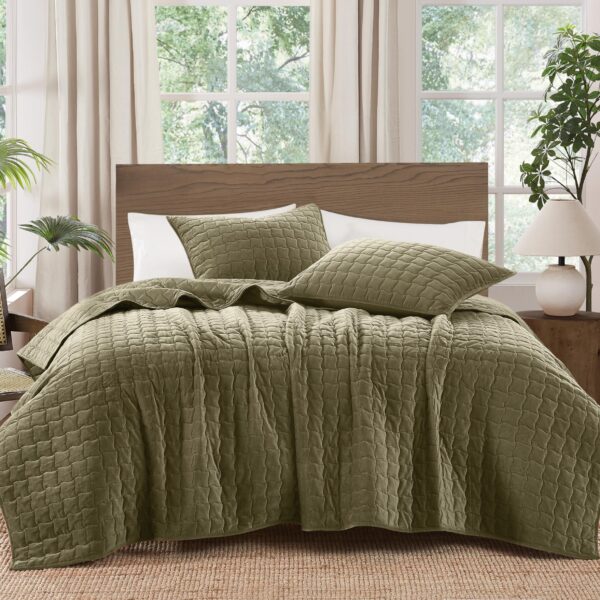 Juego de edredon terciopelo mate Brooklyn Loom Pem America QS6520GRTX-26WV 2 piezas individual XL verde con ondas cuadra