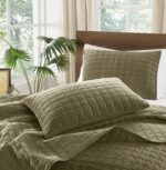 Juego de edredon terciopelo mate Brooklyn Loom Pem America QS6520GRTX-26WV 2 piezas individual XL verde con ondas cuadra