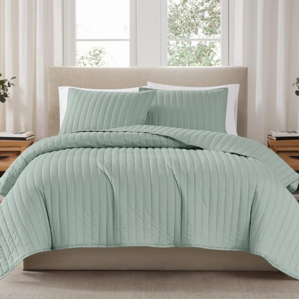Juego de edredón percal algodón sólido verde salvia Brooklyn Loom Pem America QS5809SGFQ-2600 Full Queen 3 piezas