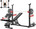YOLEO Beginner Weight Bench Set for Home Gym, 6-in-1 Adjustable Workout Bench with Squat Rack, Foldable Full Body Fitnes