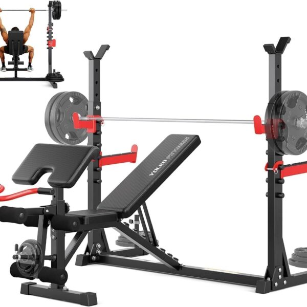 YOLEO Beginner Weight Bench Set for Home Gym, 6-in-1 Adjustable Workout Bench with Squat Rack, Foldable Full Body Fitnes
