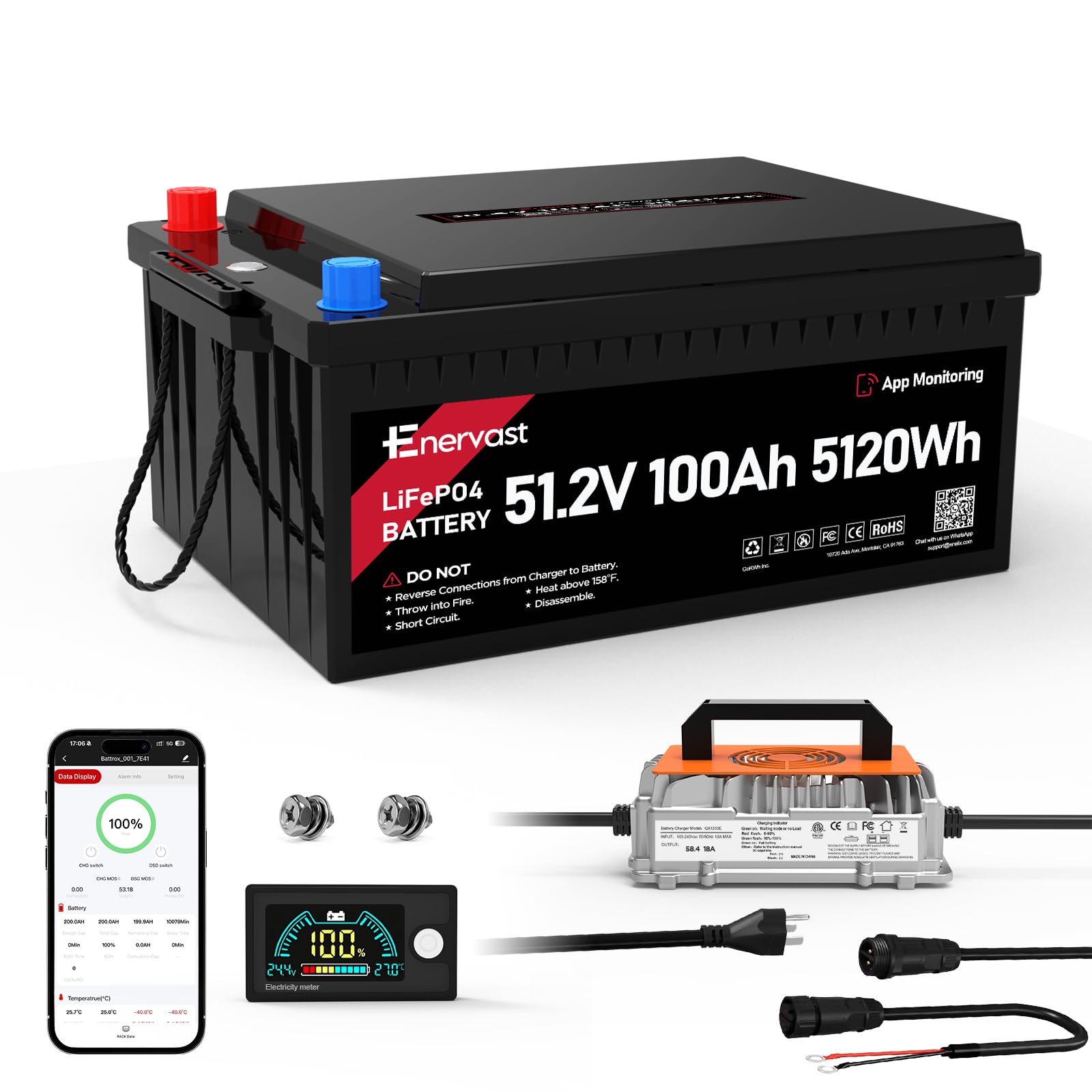 Version 1.0.0 EnerVast 48V (51.2V) 100Ah LiFePO4 Lithium Golf Cart Battery, 200A BMS 8000+ Cycles Lifepo4 Battery with Charger, Blueto