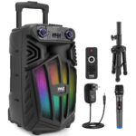 Pyle 15’’ Bluetooth Portable PA Speaker with Wireless Mic, Speaker Stand, Equalizer Functions, Rechargeable Battery, LED