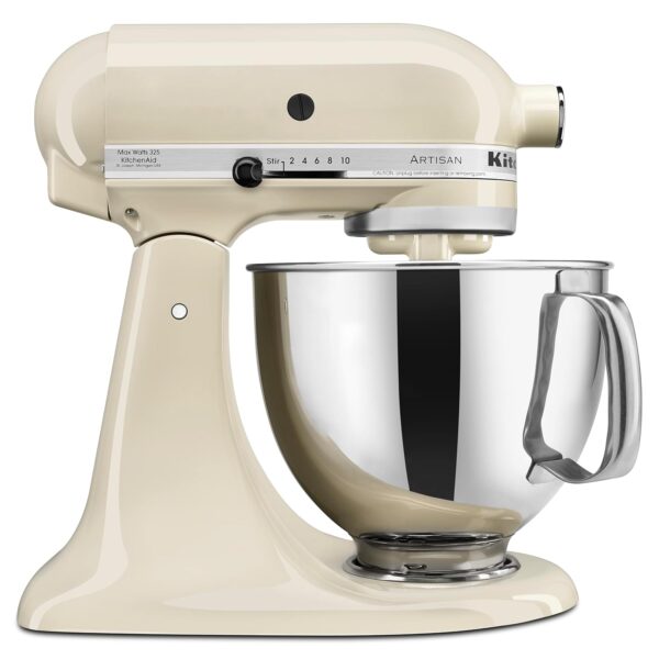 KitchenAid Artisan Series Batidora de Pie con Cabezal Inclinable de 5 Cuartos con Escudo Vertedor KSM150PS, Crema de Alm