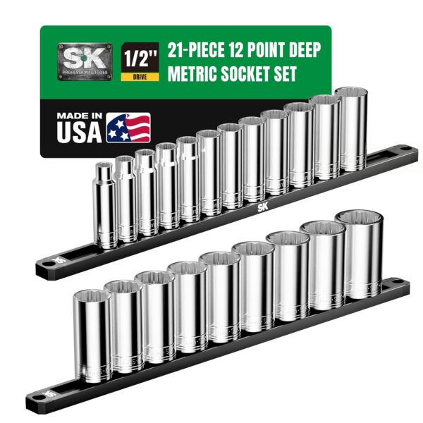 Juego de Dados SK Hand Tools 1951 21 Piezas 1/2 Pulgada 12 Puntos 10mm a 32mm Acabado SuperKrome