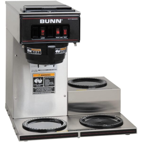 BUNN VP17-3, Cafetera comercial de colado de perfil bajo de 12 tazas, 3 calentadores inferiores, 13300.0003, plateado