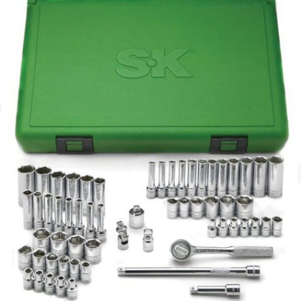 SK Tools USA 1/4" Drive, 60 piezas, 6 puntos, estándar y profundo, SAE y métrico, SuperKrome Socket Set: 1/8" - 5/8", 4M
