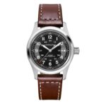 Reloj Hamilton Khaki Field Auto para hombre H70455533 caja de acero inoxidable de 38mm esfera negra correa de cuero marr