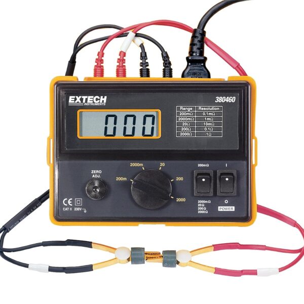 Extech 380460 Medidor de milliohmios de precisión 110 VCA - Clip Kelvin de 4 hilos, resolución de 0.1 mΩ, LCD grande de